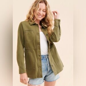 Anthropologie Green Crochet-Back Denim Utility Jacket